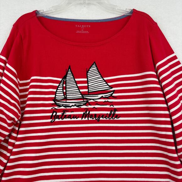 Talbots Tee Shirt Size 2X Nautical Stripe Red White Sailboat Bateau Marseille - Picture 2 of 10